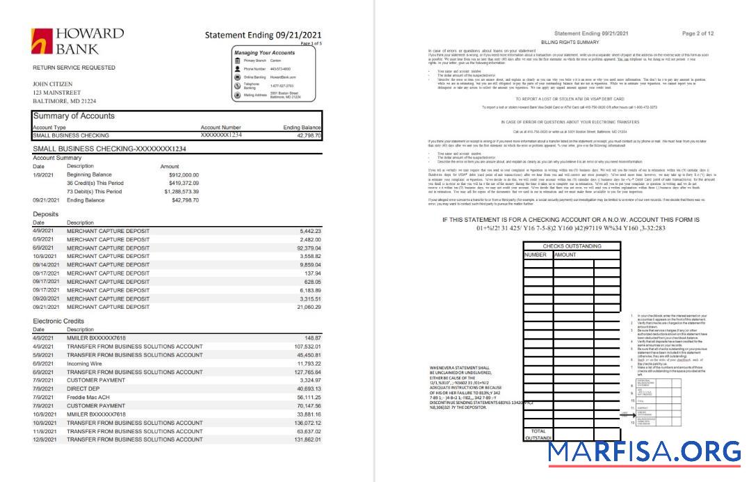 Printable USA Maryland Howard Business bank statement excel (4 pages) template